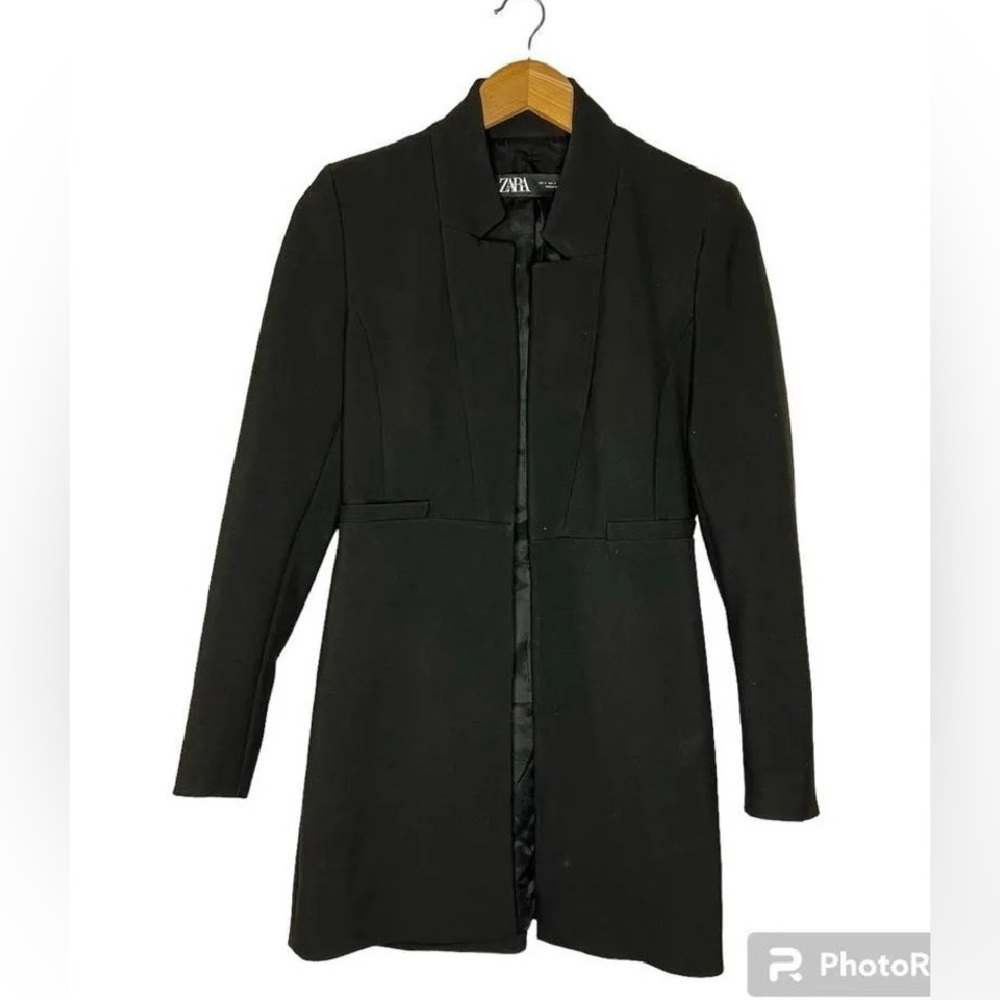 ZARA WOMEN INVERTED LAPEL FROCK COAT LONG BLAZER BLACK CLASSIC SIZE L
